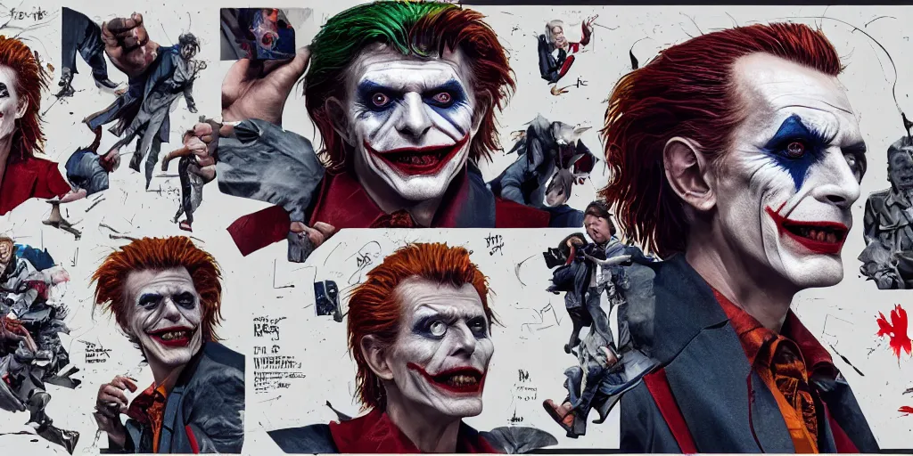 Prompt: david bowie as the joker, character sheet, concept design, contrast, kim jung gi, greg rutkowski, zabrocki, karlkka, jayison devadas, trending on artstation, 8 k, ultra wide angle, pincushion lens effect