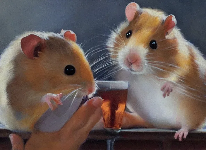 Image similar to a highly detailed beautiful portrait of a cute hamster drinking beer, by gregory manchess, james gurney, james jean