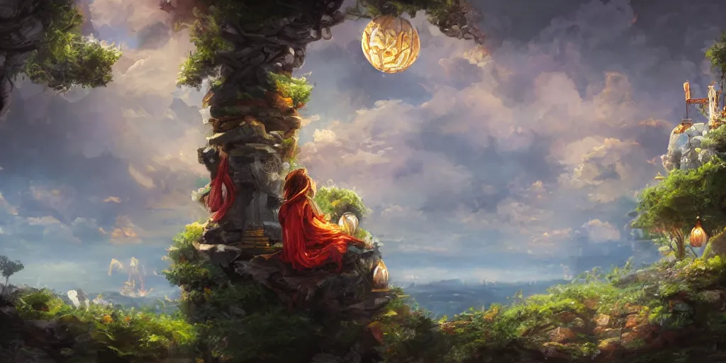 Image similar to painting of wind god enjoying the view from his stone heavenly palace, decorated with windchimes and paper lanterns, nature and clouds in background, digital art, trending on artstation