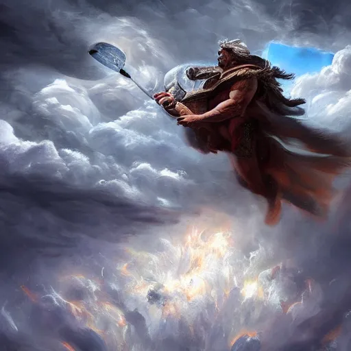 Prompt: an epic painting of Zeus flying on a lighting in thunderclouds by Diego Gisbert Llorens, Zeus flying on a lighting, epic painting, masterpiece, hyperdetailed, artstation, cgsociety, 8k