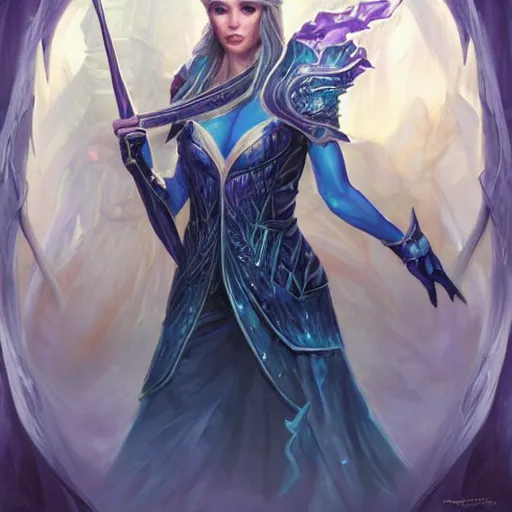 Image similar to Ice Sorceress, arrogant, Magic the Gathering, fantasy, portrait, highly detailed, digital painting, artstation, concept art, sharp focus, illustration, art by artgerm and livia prima and magali villeneuve, blue white and purple color scheme