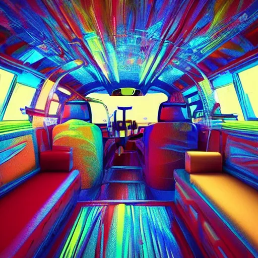 Prompt: The inside of a space van, with mess and cables everywhere. Colorful, concept art