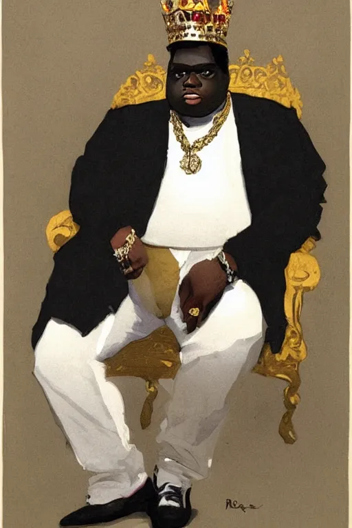 Image similar to portrait of biggie smalls with kings crown and royal outfit, modern, eclectic, illustration, by ramon casas