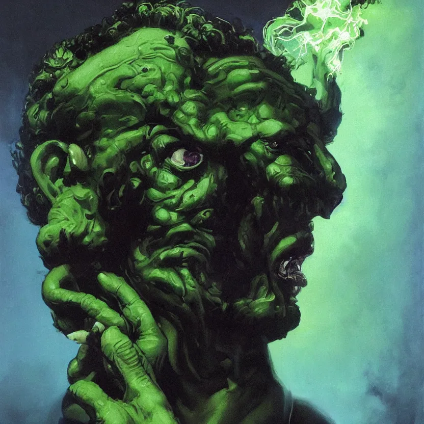 Prompt: a neoclassicist close - up portrait of a green and purple man with hyperrealist dragon - like features. reflective alien technology. head and shoulders. foggy black background with dark puffy glowing clouds. highly detailed science fiction painting by norman rockwell, frank frazetta, syd mead and moebius. rich colors, high contrast, gloomy atmosphere, dark background. trending on artstation.