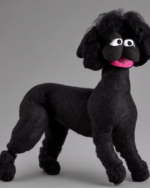 Image similar to a black poodle dog as a muppet. highly detailed felt. hyper real photo. 4 k.