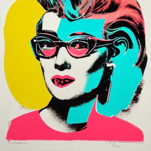 Image similar to silkscreen and lithography to create colorful cyborgs in the style of andy warhol