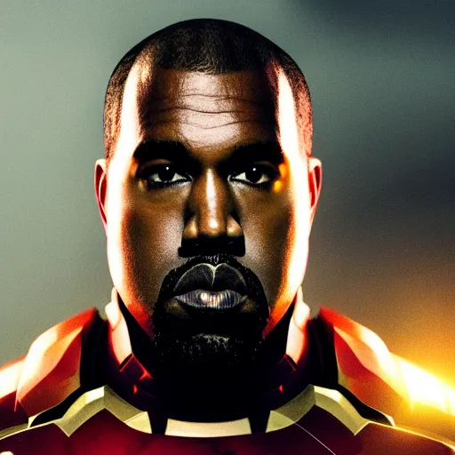 Image similar to Portrait of Kanye West as Ironman, splash art, movie still, cinematic lighting, dramatic, octane render, long lens, shallow depth of field, bokeh, anamorphic lens flare, 8k, hyper detailed, 35mm film grain