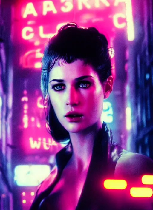 Image similar to A hyper realistic and detailed head portrait photography of a Rachael of Blade Runner on a futuristic street. by Annie Leibovitz. Neo noir style. Cinematic. neon lights glow in the background. Cinestill 800T film. Lens flare. Helios 44m