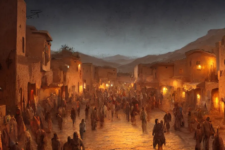 Image similar to in the middle of a adobe house kasbah town, mud and brick houses, merchant street, pueblo architecture, colorful crowd, festival. Scenic view at night, underexposed, clean horizon, matte painting by craig mullins and Anato_Finnstark, dark fantasy, style of game of thrones, concept art trending on artstation, 4k, intricate details