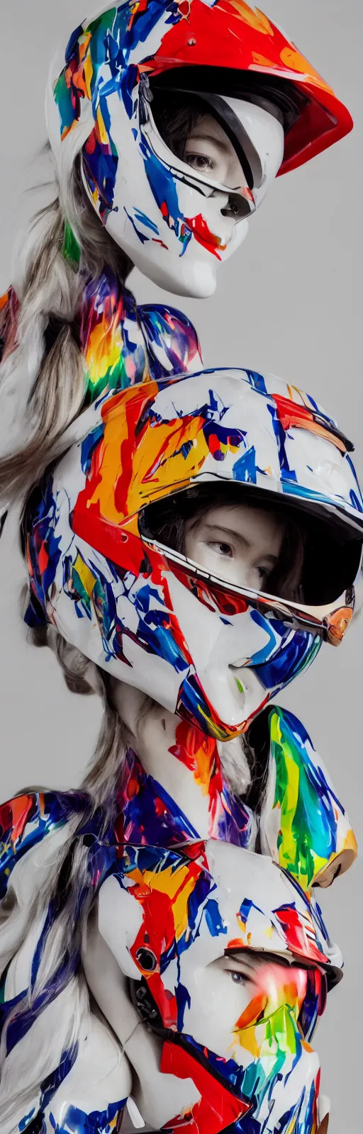 Prompt: extremely beautiful photo of a white marble statue of a girl with colorful motocross logos and motorcycle helmet with closed visor, colorful smoke in the background, carved marble statue, symmetrical, vogue, fine art, neon genesis evangelion, virgil abloh, offwhite, denoise, highly detailed, 8 k, hyperreal