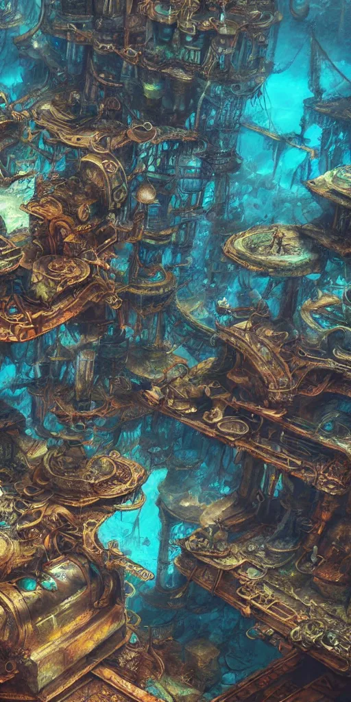 Prompt: a fantasy steampunk city sunken underwater, highly detailed, deep colours, concept art, stylized, unreal engine 5, trending on art station,