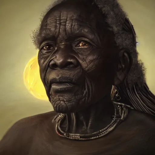 Image similar to a painting of a wise elder from Kenya. dramatic angle, ethereal lights, details, smooth, sharp focus, illustration, realistic, cinematic, artstation, award winning, rgb , unreal engine, octane render, cinematic light, macro, depth of field, blur, red light and clouds from the back, highly detailed epic cinematic concept art CG render made in Maya, Blender and Photoshop, octane render, excellent composition, dynamic dramatic cinematic lighting, aesthetic, very inspirational, arthouse.