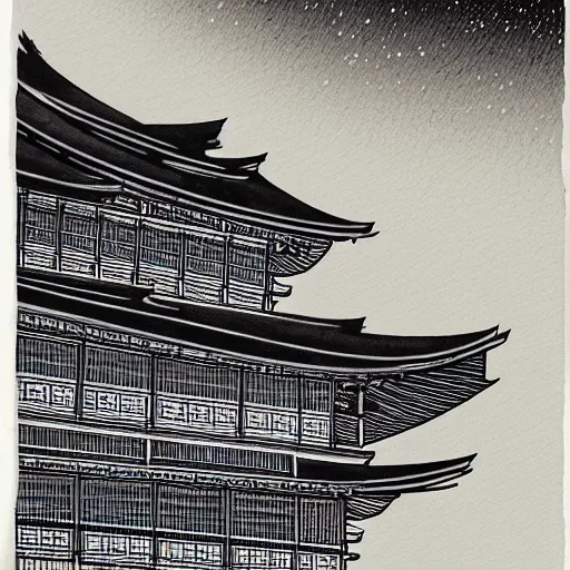 Image similar to a beautiful ink painting of buildings in japanese traditional style, in the style of hiroshi yoshida, at night, light effect, detailed, high - definition, exquisite isolated very detailed, moody lighting, 8 k highly detailed, trending on artstation