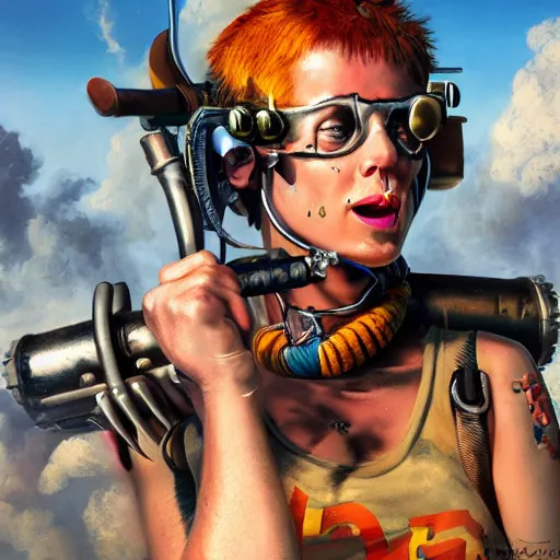 Image similar to tank girl, ultra highly detailed, concept art, fun pose, wild eyes, big hammer, 4 k