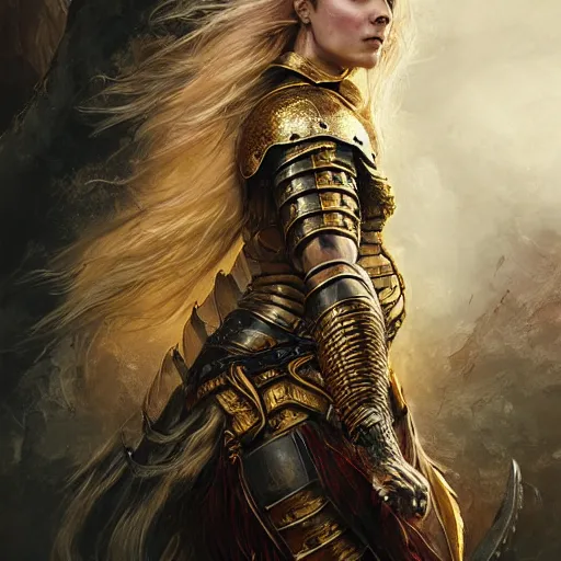 Prompt: portrait of a majestic fierce viking woman, highly detailed, gold plated armor, cinematic, 8 k, 1 0 8 0 s, by stanley artgermm, tom bagshaw, greg rutkowski, vincent di fate, carne griffiths, ayami kojima, trending on deviantart, hyper detailed, full of color, digital art,