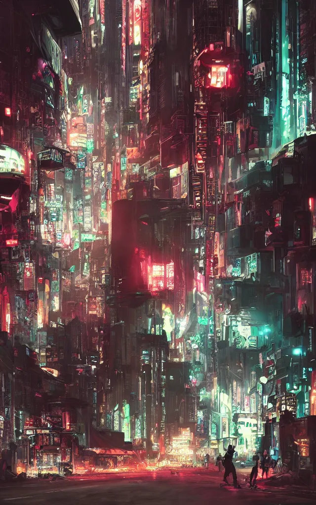 Image similar to concept art of a magnificent dark neon futuristic cyberpunk city bustling street at night cyberart by liam wong in the film akira rendered in octane, 3 d render, trending on cgsociety, blender 3 d