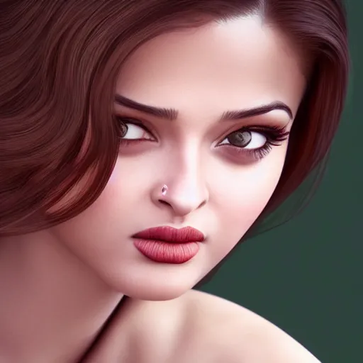 Image similar to beautiful cute teen girl resembling Aishwarya Rai, natural beauty expressive pose, art by mark brooks, but as a real life photograph glamour fashion pinup, photorealism, daz3d genesis iray shaders, cinematic lighting, HDRI, 8k textures