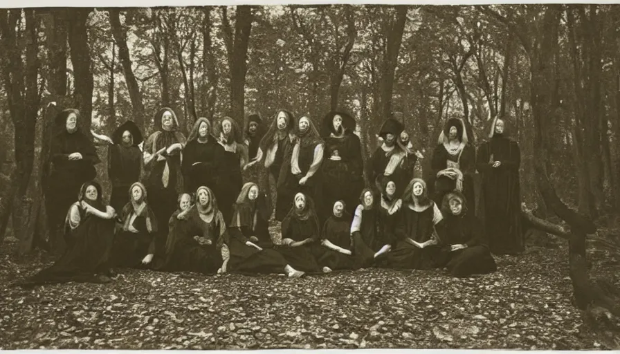 Prompt: photo of group 19th century cult cultists in the dark forest by Diane Arbus and Louis Daguerre