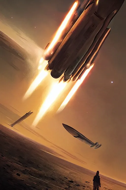 Image similar to poster artwork. distant rocket taking off. on the horizon. during golden hour. symmetry. washed out. desaturated. cinematic. art by wlop, mars ravelo and greg rutkowski.