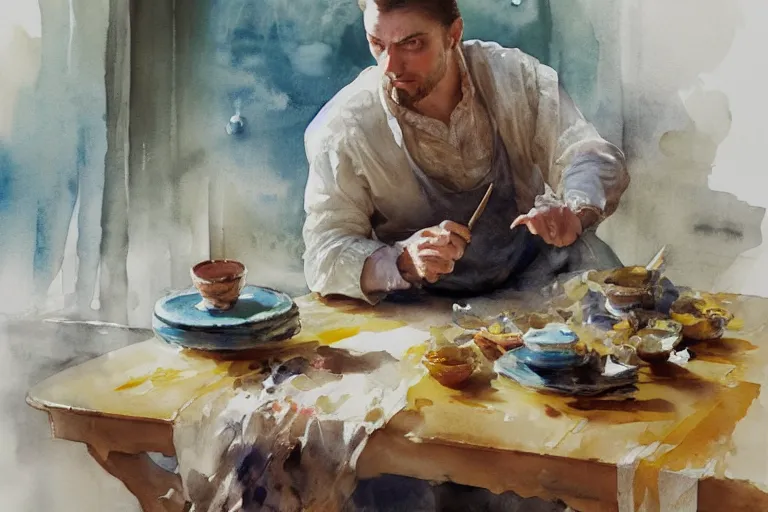 Prompt: paint brush strokes, abstract watercolor painting of medieval food serving, table cloth, art by hans dahl, by jesper ejsing, art by anders zorn, wonderful masterpiece by greg rutkowski, cinematic light, american romanticism by greg manchess, creation by tyler edlin