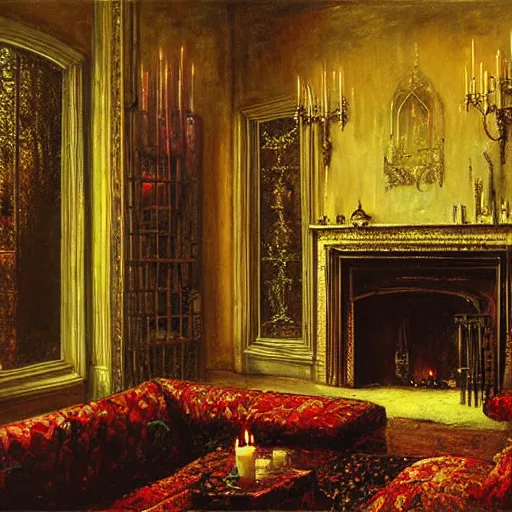 Image similar to grimshaw painting, vampire, candles, mansion, dim room, fireplace, gothic.