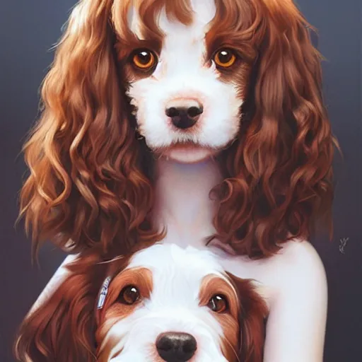 Prompt: a seven year old girl with short wavy curly light brown hair and blue eyes sitting with a very cute red working type cocker spaniel. detailed, high quality painting by artgerm and greg rutkowski and ilya kuvshinov