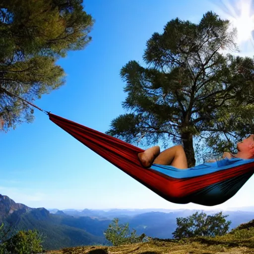 Image similar to relaxing in a hammock on top of a mountain, amazing views, award winning photography, highly detailed