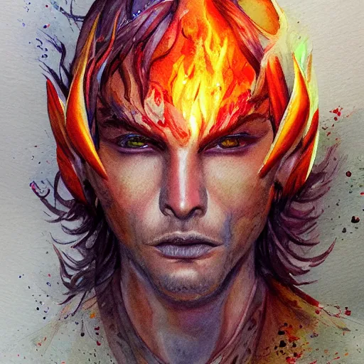 Image similar to water color art on paper, fire elf portrait, highly detailed, award - winning artstation, masterpiece