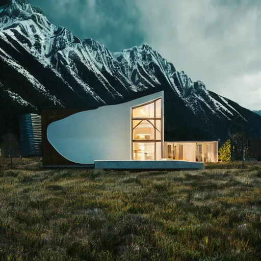 Image similar to wes anderson style modern futuristic house near the lake, snowy mountains and green forest, cinematic, realism, photo, detailed