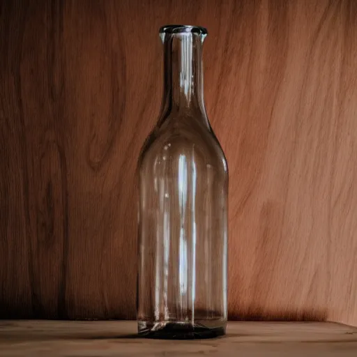 Prompt: a curvy bottle in front of a wooden table