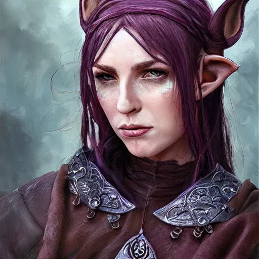 Image similar to oil painting a female medieval fantasy tolkien elf, dark purplish hair tucked behind ears, wearing leather with a fur lined collar, wide face, muscular build, scar across the nose, cinematic, character art, l, detailed.