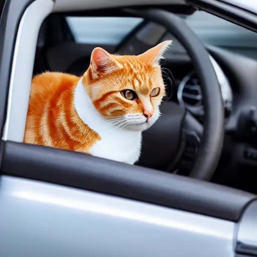 Image similar to an orange tabby cat driving a car