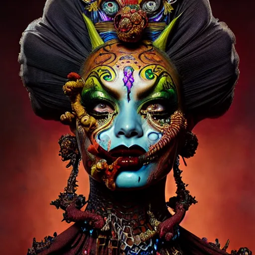 Prompt: uhd photorealisitc authentic two - face wearing ornate costume and intricate voodoo makeup, intricate details, vivid colors, frightening surroundings, studio lighting, correct details, in the style of amano, karol bak, akira toriyama, and greg rutkowski