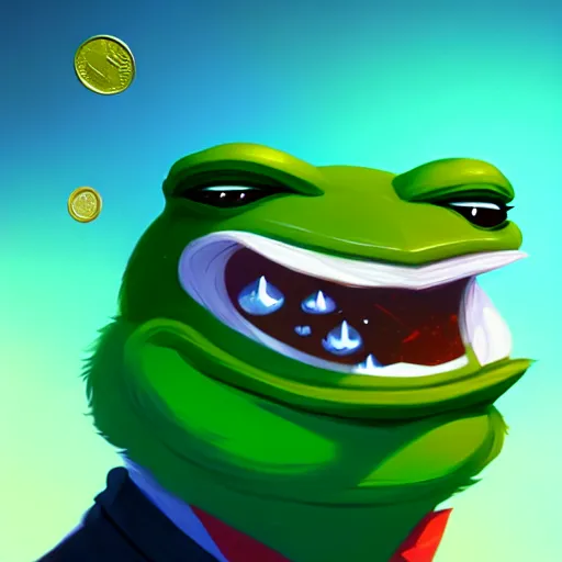 Image similar to super rich happy pepe, luxury, treasury, coins, money, hyper detalied, blue crystals, greg rutkowski, artstation