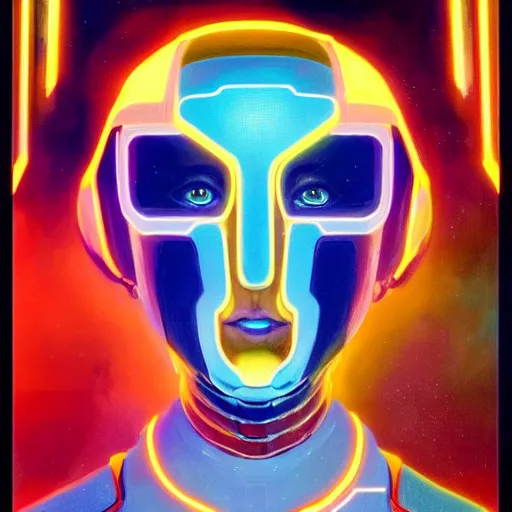 Image similar to symmetry!! a sci-fi portrait, oil painting, colourful!! illustration of Clu from Tron, colourful, by Justin Sweet and Greg Rutkowski and Alphones Much