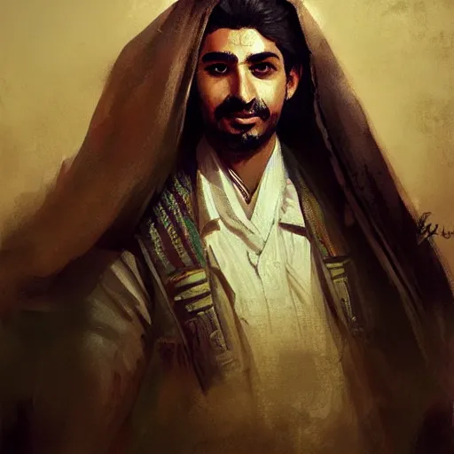 Image similar to a portrait of a Kurdish Albert Einstein in Kurdish clothes by Greg Rutkowski, digital art, horror, chiaroscuro, trending on artstation, anime arts, featured on Pixiv, HD, 8K, highly detailed, good lighting, beautiful, epic, masterpiece