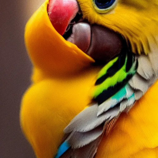 Prompt: Close up of a parakeet wearing Winnie the Pooh pajamas, high resolution photo