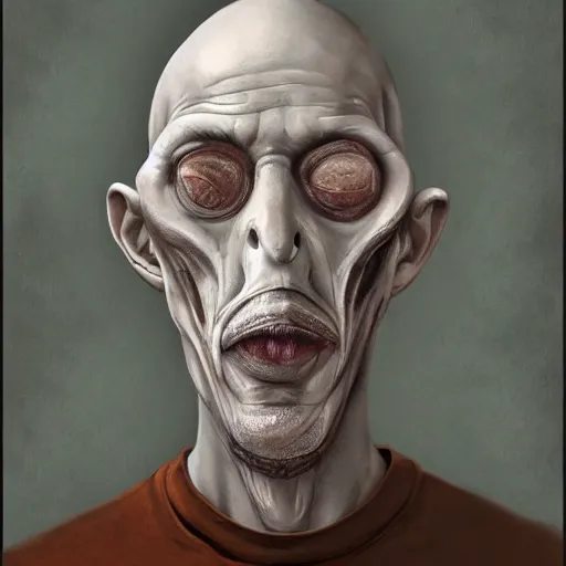 Prompt: eerie portrait of creepy pale old man with fish like facial features and gilles in his neck, painted, fish man, tentacles, trending on art station, love craftian, dark lighting