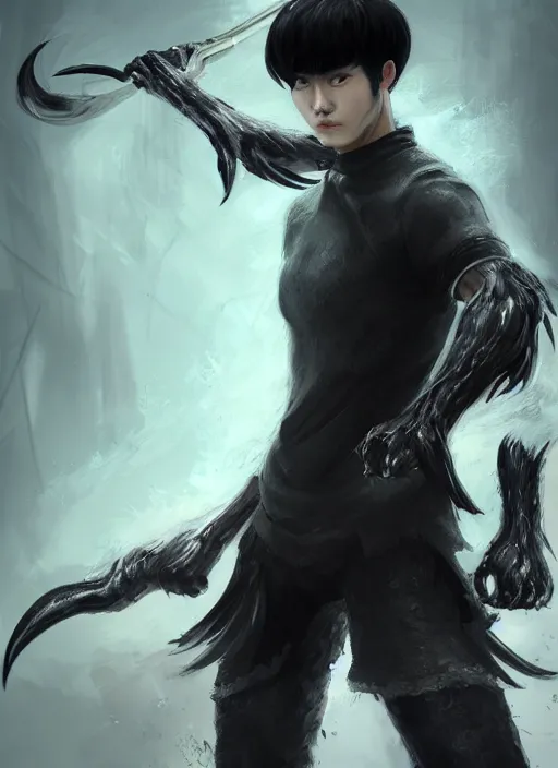 Prompt: a highly detailed illustration of fierce korean man with bowl cut black hair wearing tie with giant black claws, wielding giant black fog claws pose, foggy lovecraftian black mist surrounding background, perfect face, intricate, elegant, highly detailed, centered, digital painting, artstation, concept art, smooth, sharp focus, league of legends concept art, wlop.