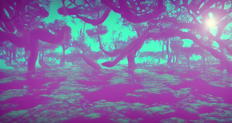 Image similar to vaporwave 3d Render of deep sea forest, grainy, noisy