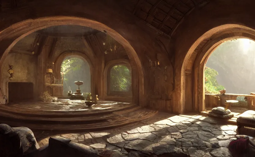 Image similar to painting of an interior of a hidden circular complex carved inside a mountain living quarters overlooking the great room, small hot spring and lush garden outside, other bedrooms can be seen, natural light, fantasy, natural light, concept art, by greg rutkowski and craig mullins, cozy atmospheric and cinematic lighting, trending on artstation