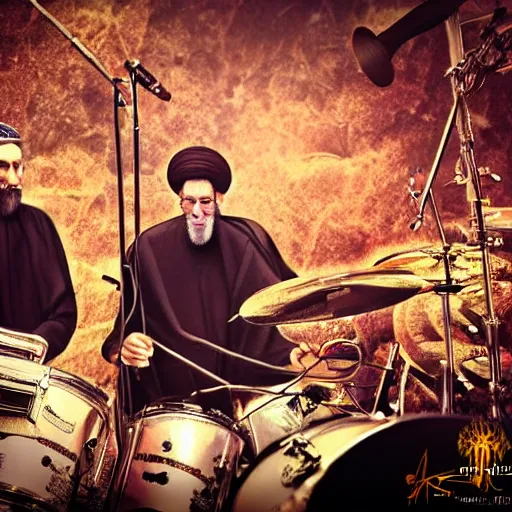 Image similar to khamenei playing drums in heavy metal band in hell, high definition, trending on artstation, unreal engine, photorealistic, high resolution,, trending on deviantart, hdr, hyper detailed, insane details, intricate, elite, ornate, elegant, luxury, dramatic lighting