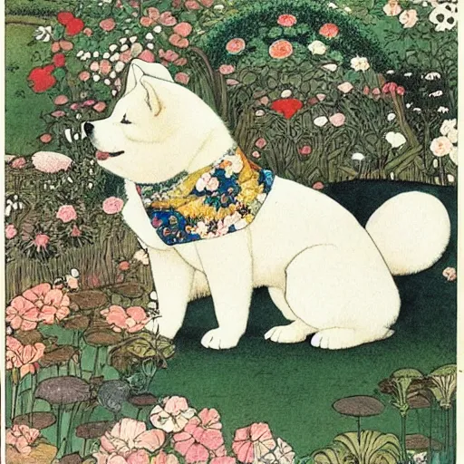 Image similar to akita inu dog wearing a floral kimono in a fanciful garden, by warwick goble and kay nielsen, highly detailed