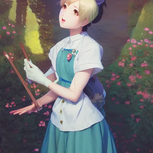 Image similar to a young woman in maid uniform by Stanley Artgerm Lau, WLOP, Rossdraws, Guweiz, Marc Simonetti, kyoani, krenz cushart, pixiv, background by James Jean and gustav klimt and John Marshall Gamble, 4k, volumetric lighting, french nouveau, trending on artstation, octane render, hyperrealistic