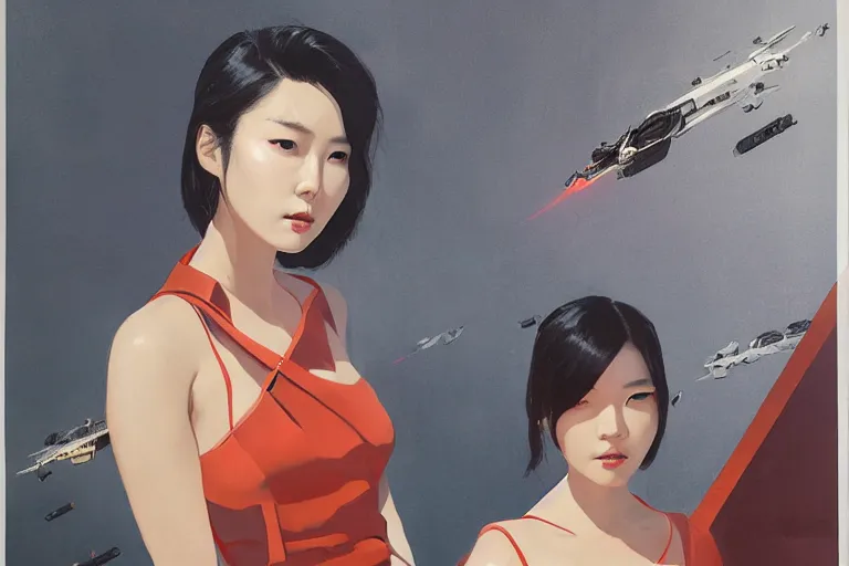 Image similar to Lee Jin-Eun by Vincent Di Fate, rule of thirds, seductive look, beautiful, in intergalactic hq