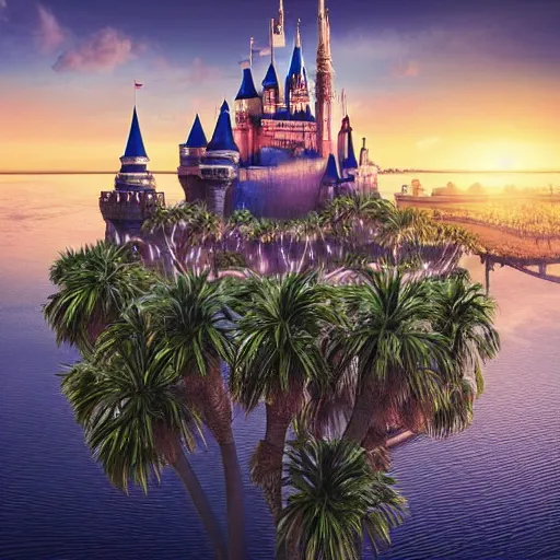 Prompt: the disney castle surrounded by giant palm trees on a giant floating island in the sky at night, a huge light bulb illuminates the island from above, cinematic, digital art by erik johansson, 8 k resolution, hyper detailed, sharp focus, unreal engine 5