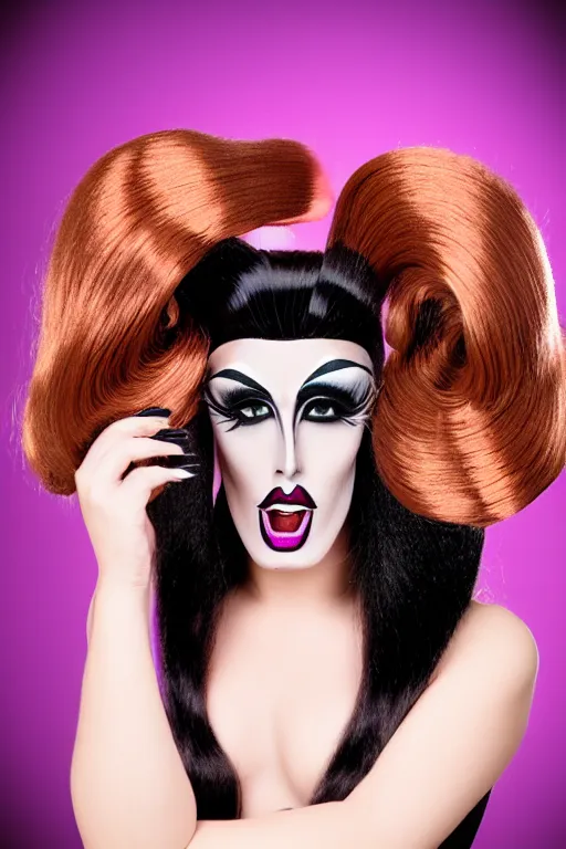 Image similar to 4k art deco portrait of a drag queen (man in drag with shocked surprised expression) wearing: heavy drag makeup, huge long auburn wig styled in oversized pigtails with big pink bows