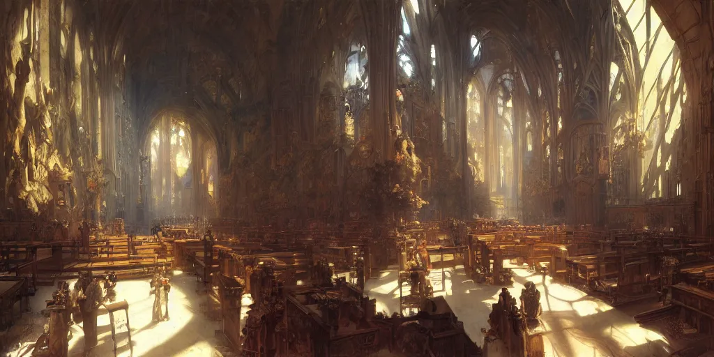 Image similar to sunlit vista, dieselpunk cathedral, painted by ruan jia, lawrence alma tadema, zdzislaw beksinski, norman rockwell, jack kirby, tom lovell, alex malveda, greg staples, hand of fear, bbc, tv