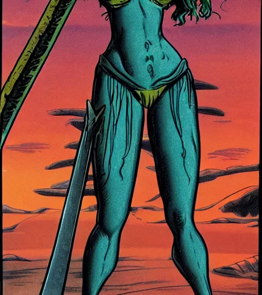 Image similar to 1 9 8 0 s fantasy novel book cover, amazonian ariel winter in extremely tight bikini armor wielding a cartoonishly large sword, exaggerated body features, dark and smoky background, low quality print