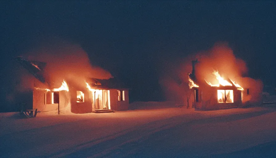 Prompt: 1 9 7 0 s movie still of a burning french style little house in a small northern french village by night in winter, cinestill 8 0 0 t 3 5 mm, heavy grain, high quality, high detail, dramatic light, anamorphic, flares